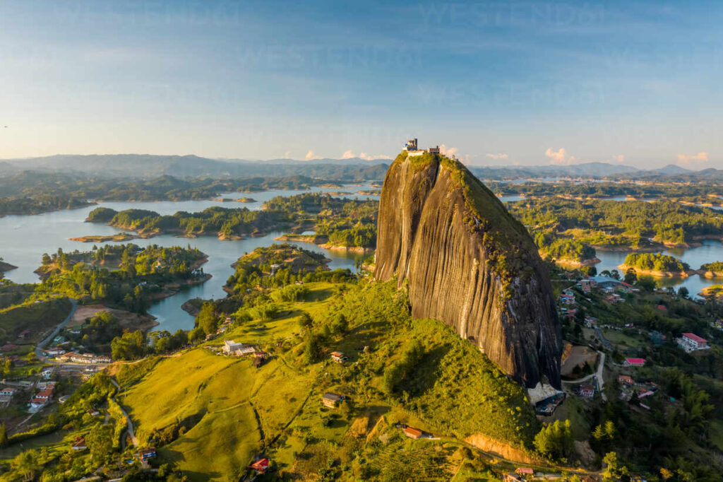 Aerial view of Piedra del Penol touristic attraction, a huge rock with ...